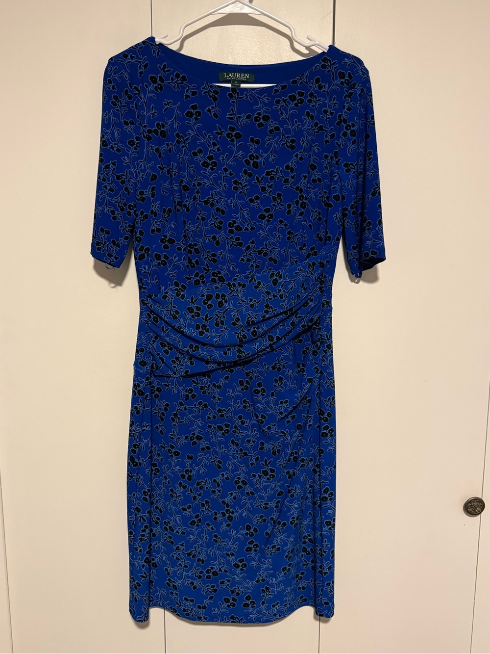 Ralph Lauren Blue Ocean Flower Print Sheath Dress Wrap 3/4 Sleeve SZ 8 - Picture 1 of 4